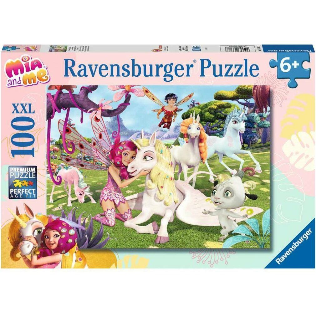 Scatola di puzzle con illustrazione di unicorni e personaggi. Contiene 100 pezzi. Marca: Ravensburger. Età: 6+.