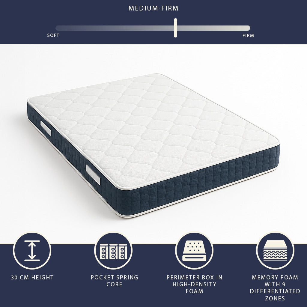 The White Stone Materasso 90x190 Alto 30cm con Molle e Memory Foam | Anallergico e traspirante