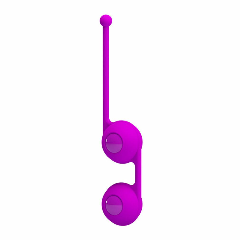 Due sfere di Kegel viola con asta di collegamento e manico. Superficie liscia, forma arrotondata.