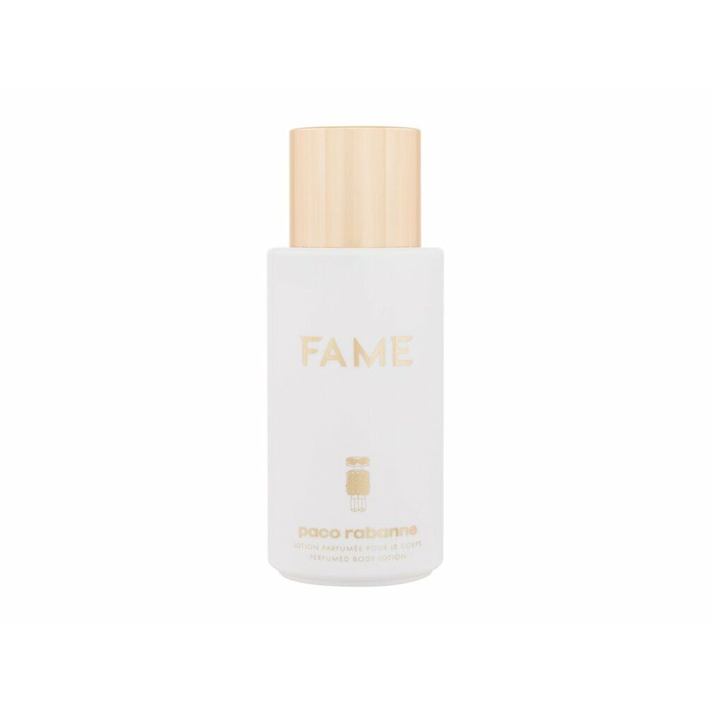 Flacone bianco con tappo dorato. Scritta "FAME" e "paco rabanne". Lozione corpo profumata.