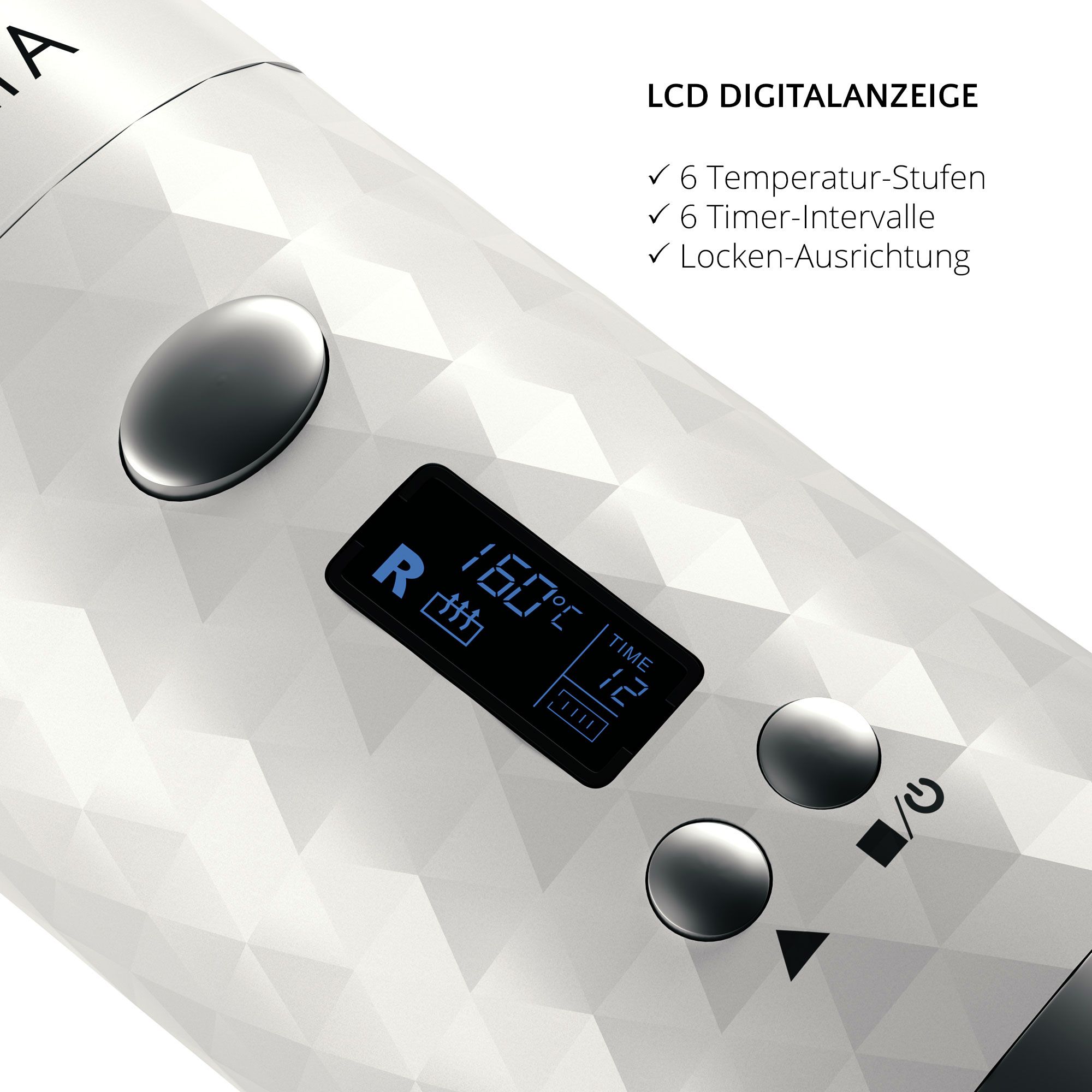 Primo piano del display digitale di un arricciacapelli. Visualizzazione temperatura, timer e impostazioni. Motivo a rombi.