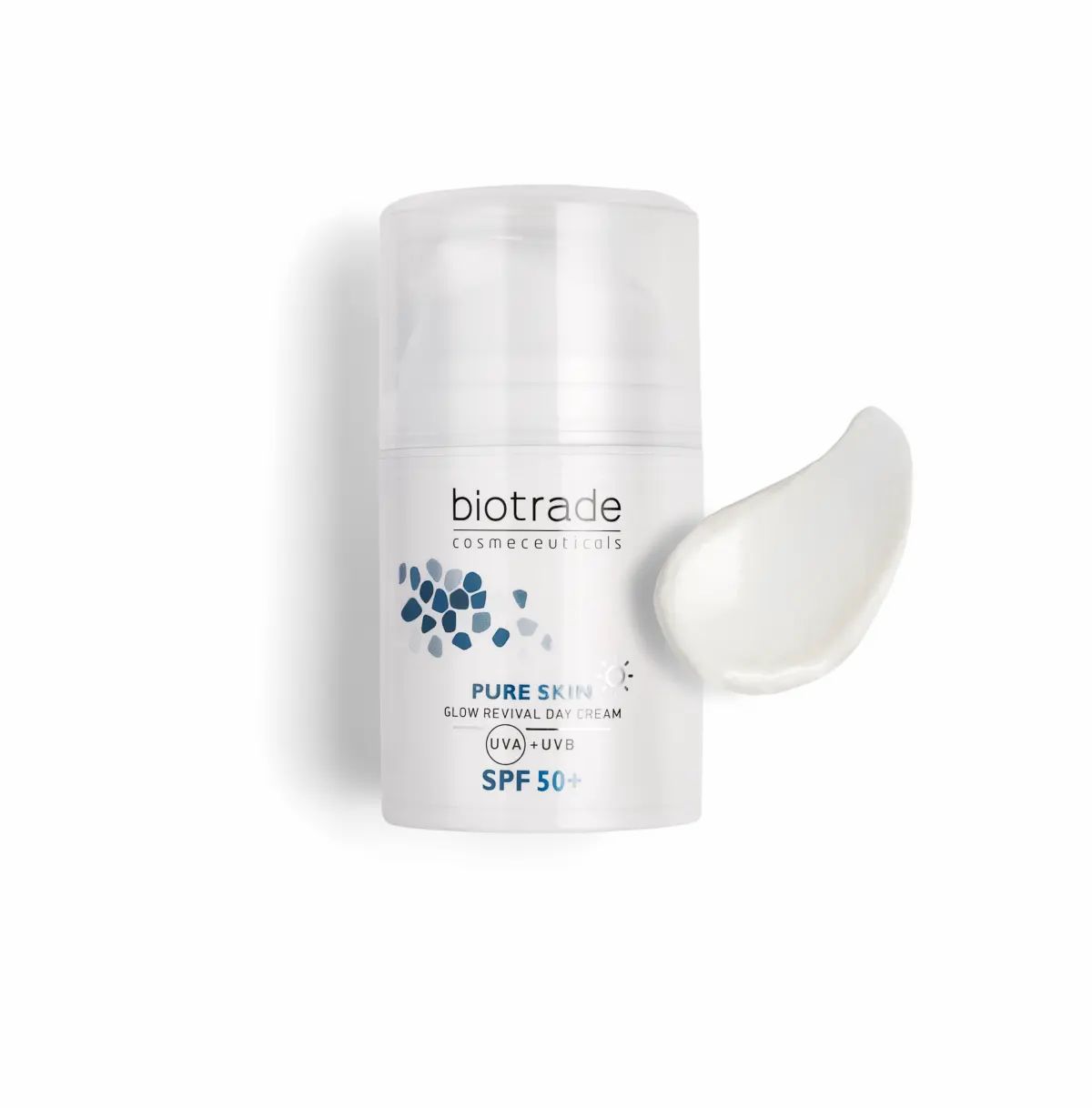 Flacone di crema bianco con coperchio trasparente e una goccia di crema. Scritta: Biotrade, Pure Skin, SPF 50+.