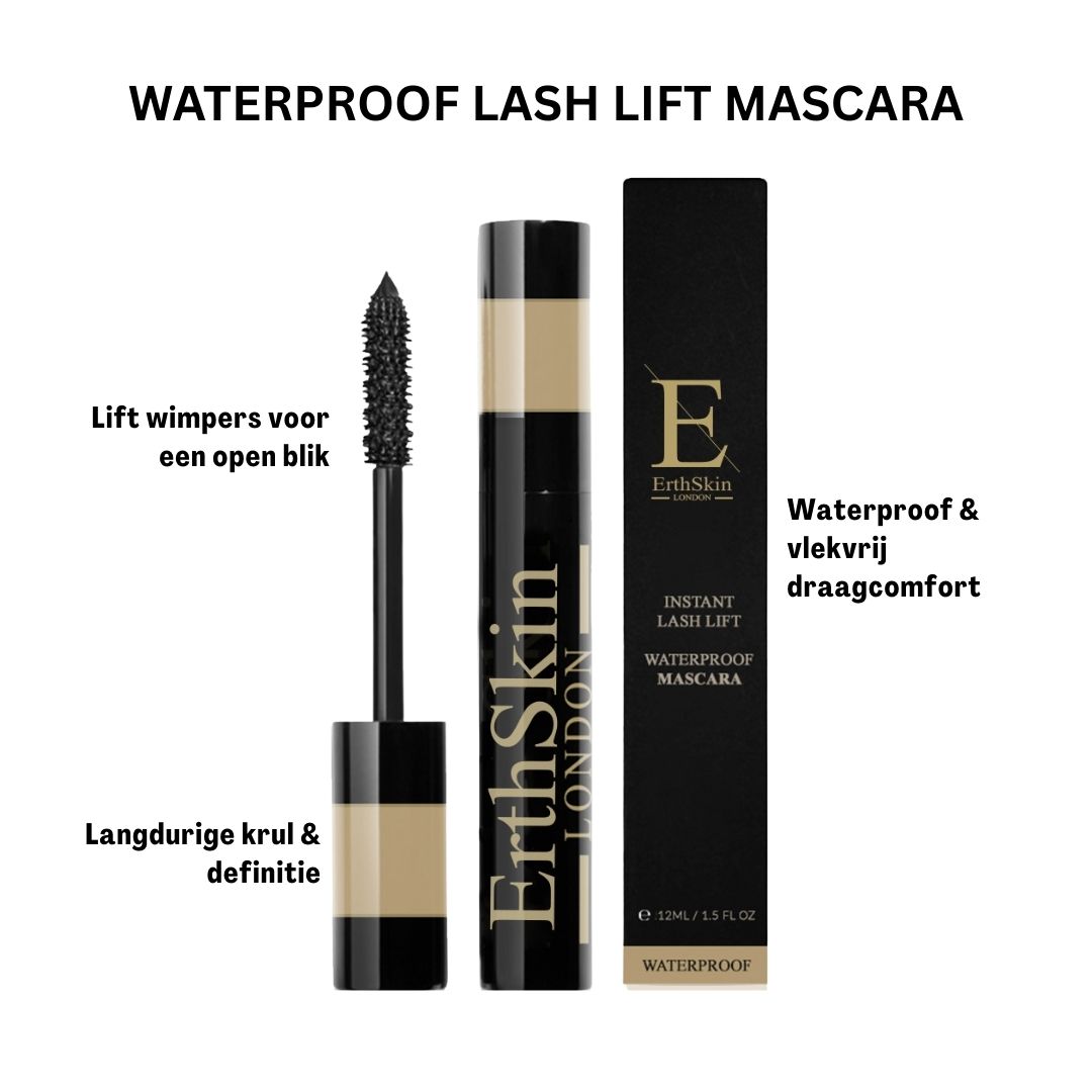 Tubo e spazzola per mascara, accanto a una confezione nera con logo e testo dorati. Testo: "Waterproof Lash Lift Mascara".