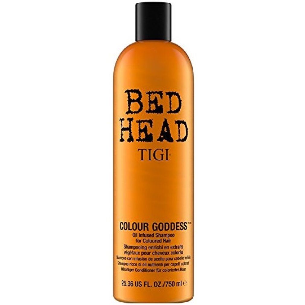 Flacone arancione con tappo nero. Scritta: Bed Head TIGI Colour Goddess. Nome del prodotto e testo in nero.