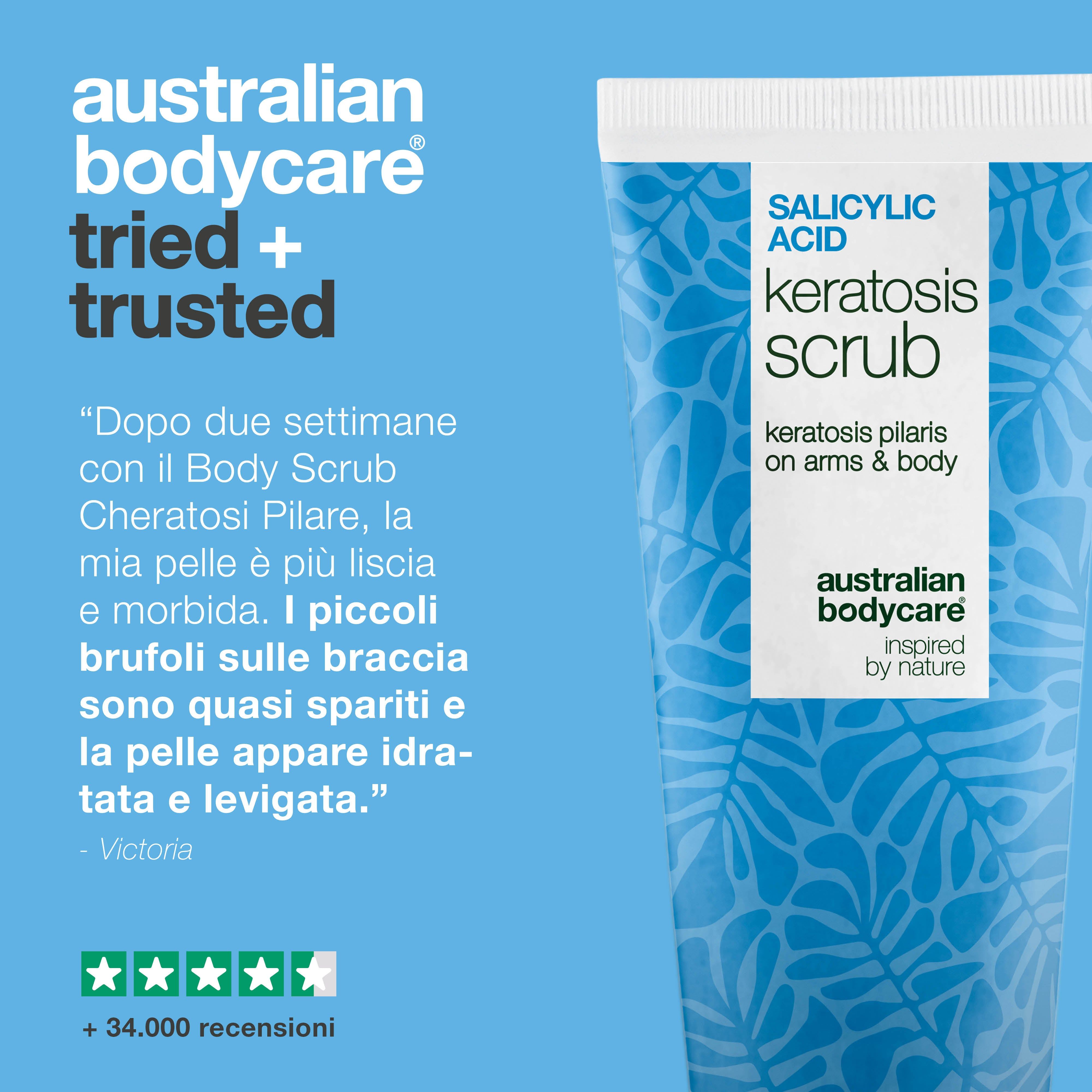 Tubo di prodotto con testo: Salicylic Acid Keratosis Scrub. Marchio: Australian Bodycare. Citazione: Mia. +34.000 recensioni.
