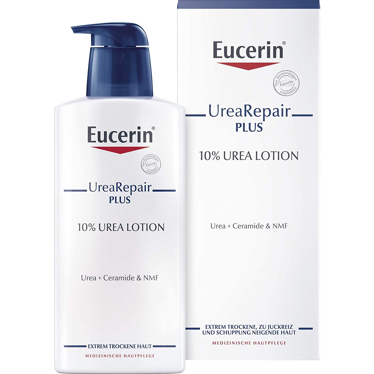 Eucerin UreaRepair PLUS 10% Urea Lotion. Flacone bianco con dosatore blu e testo nero. Contiene urea, ceramidi e NMF. Adatto per pelli estremamente secche. Con confezione.