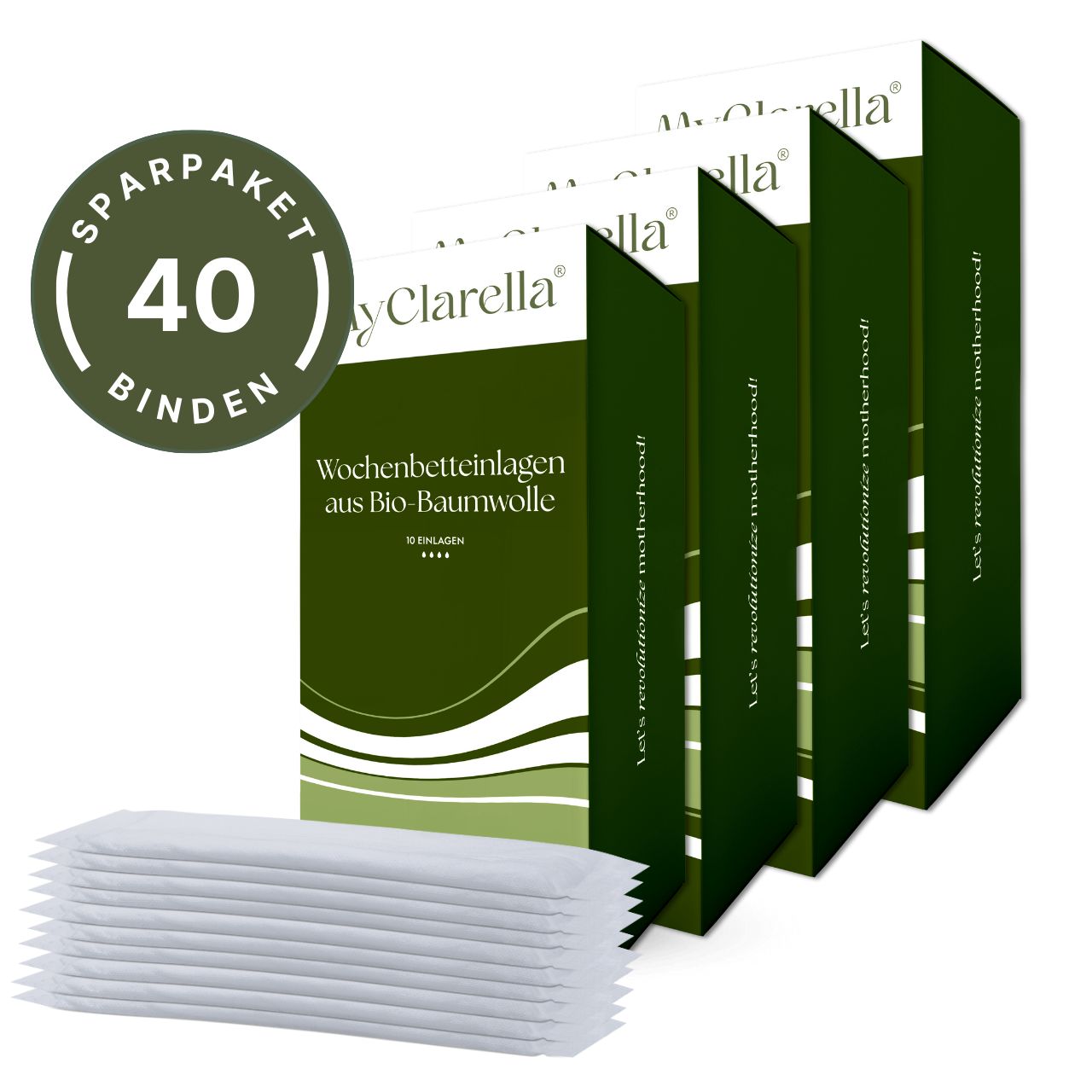 Più confezioni di assorbenti post-parto in cotone biologico. Stampa: Confezione risparmio 40 assorbenti.