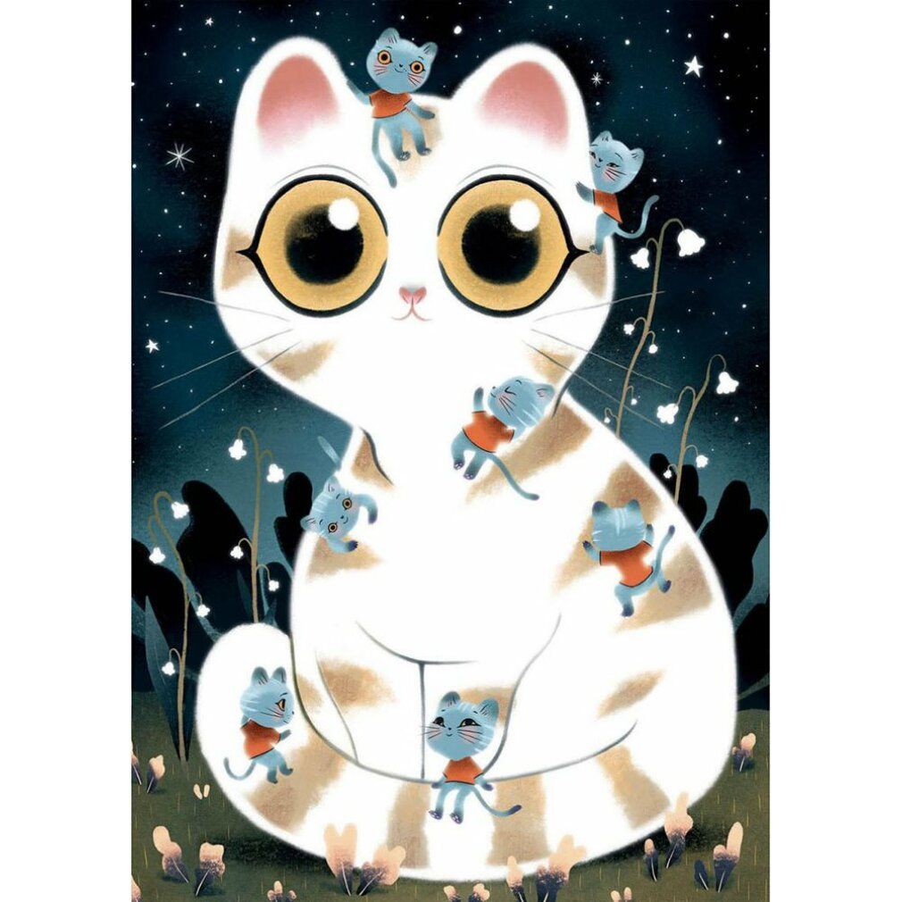Illustrazione di un gatto con gattini, cielo stellato. Gatto bianco con strisce marroni, gattini blu. Carino.