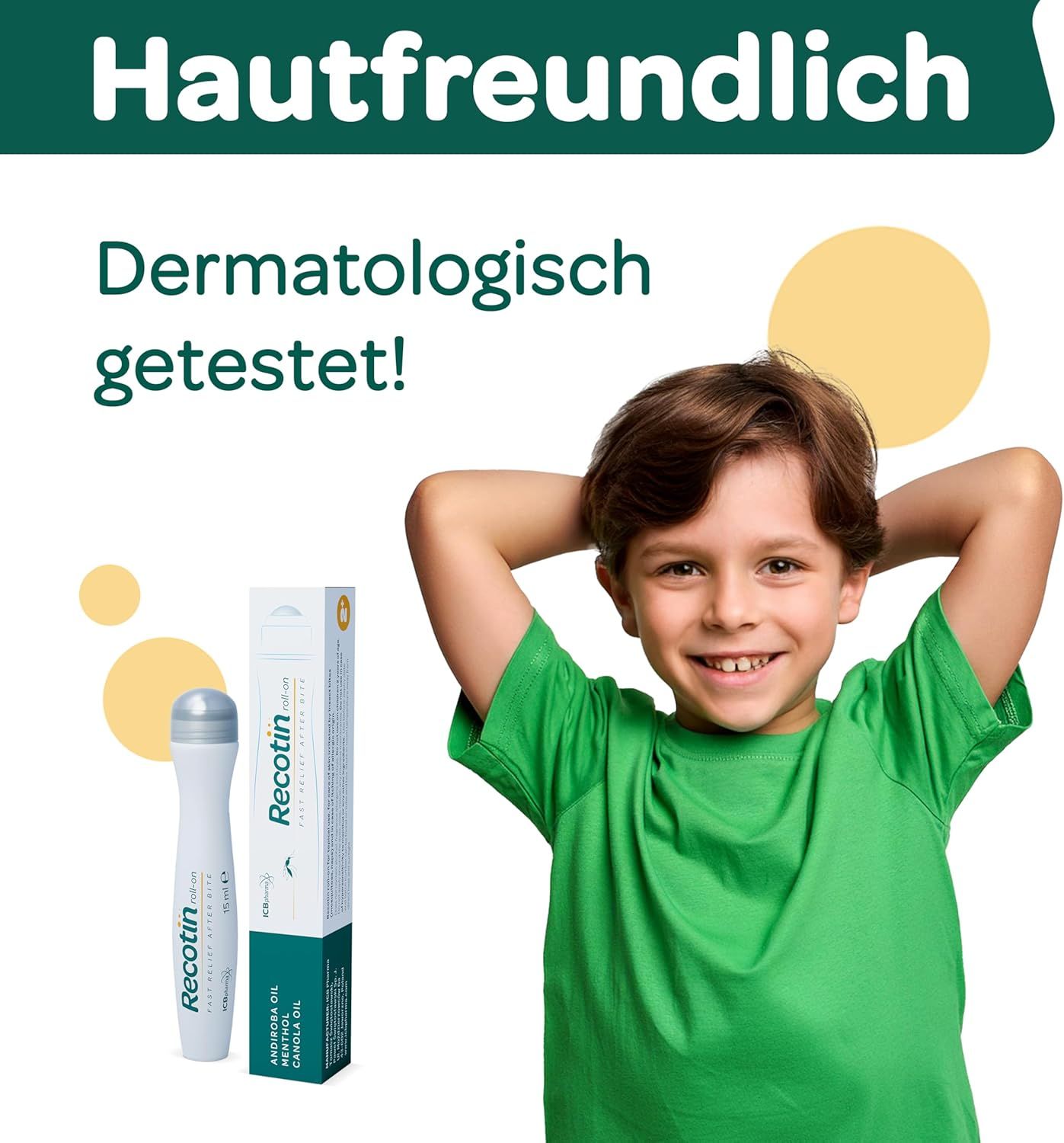 Ragazzo sorridente. Accanto a lui: flacone roll-on e confezione. Testo: Dermatologicamente testato. Sfondo: bianco.