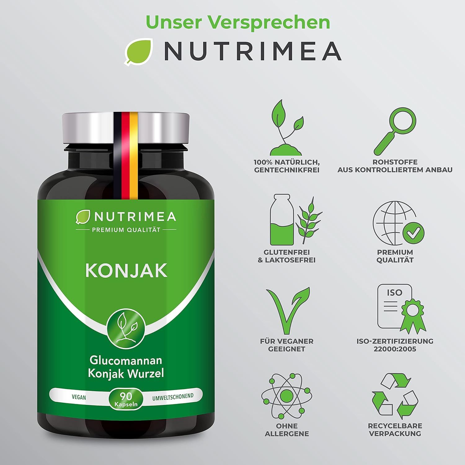 Flacone nero con etichetta verde. Scritta: KONJAK, Glucomannan Konjak Wurzel, 90 capsule. Icone: vegano, senza glutine, senza allergeni.
