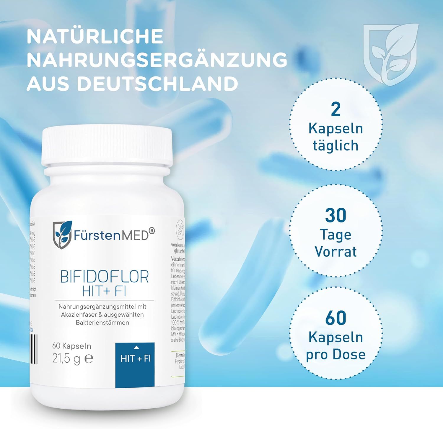 Flacone di capsule. Testo: Integratore alimentare naturale dalla Germania. Bifidoflor HIT+FI. 60 capsule. 2 capsule al giorno. Scorta per 30 giorni. Logo FürstenMED®.