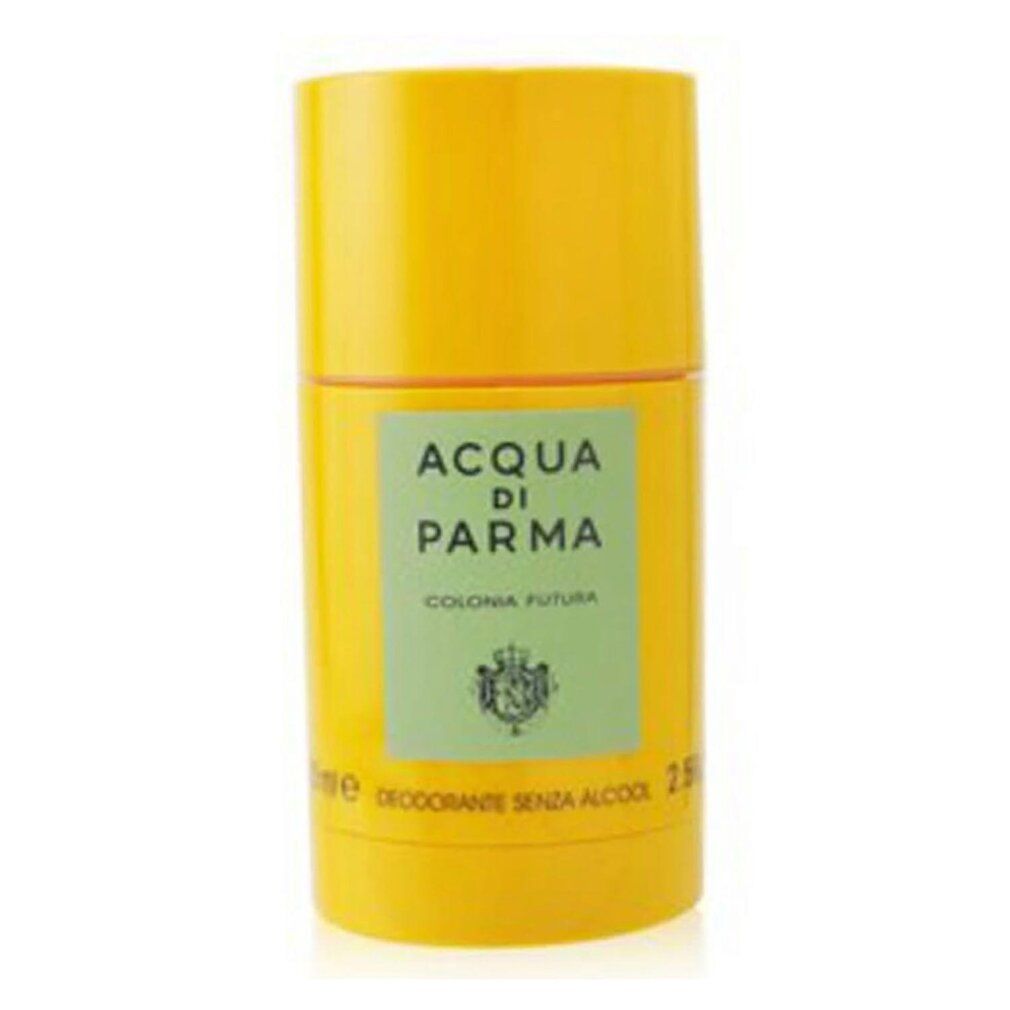 Stick deodorante giallo. Scritta: Acqua di Parma, Colonia Futura. Etichetta verde. Deodorante senza alcool.