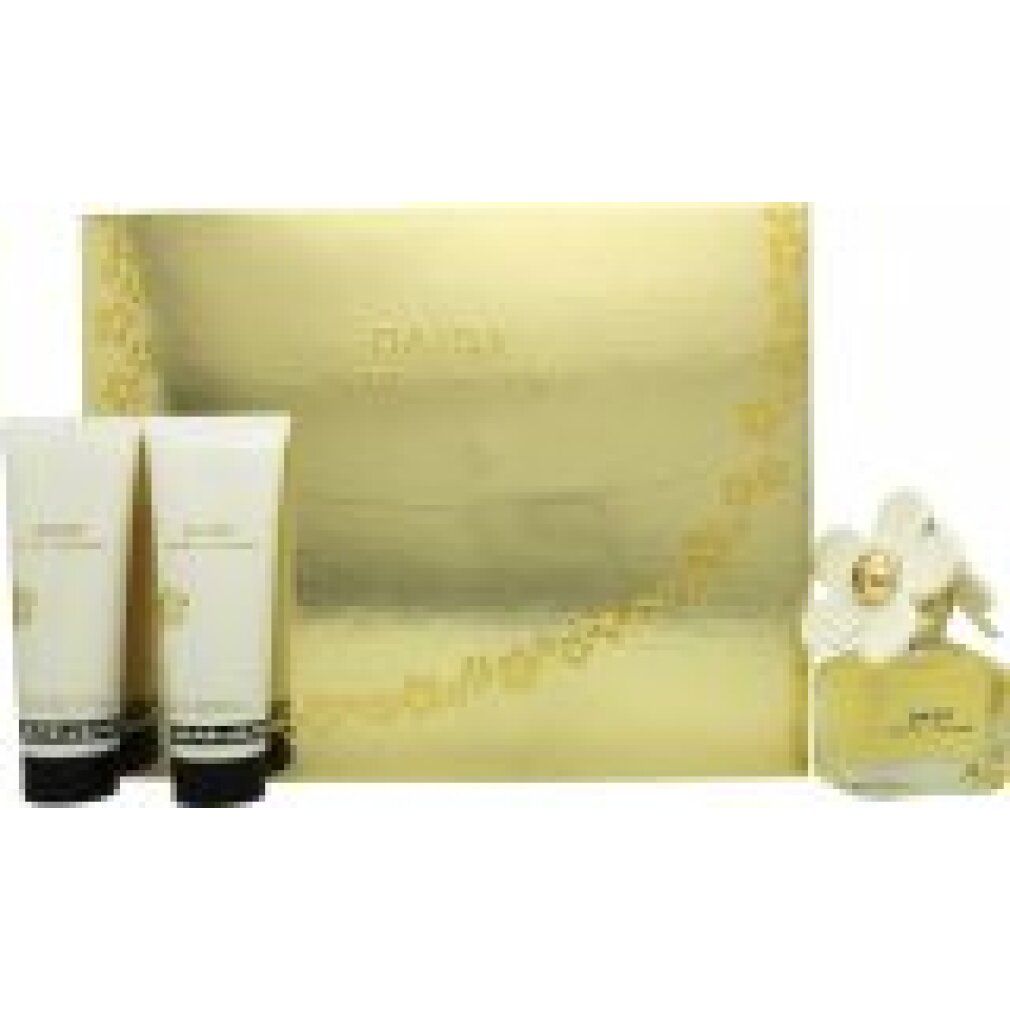 Cofanetto regalo dorato con due tubi e flacone di profumo con tappo a fiore. Scritta: Daisy.