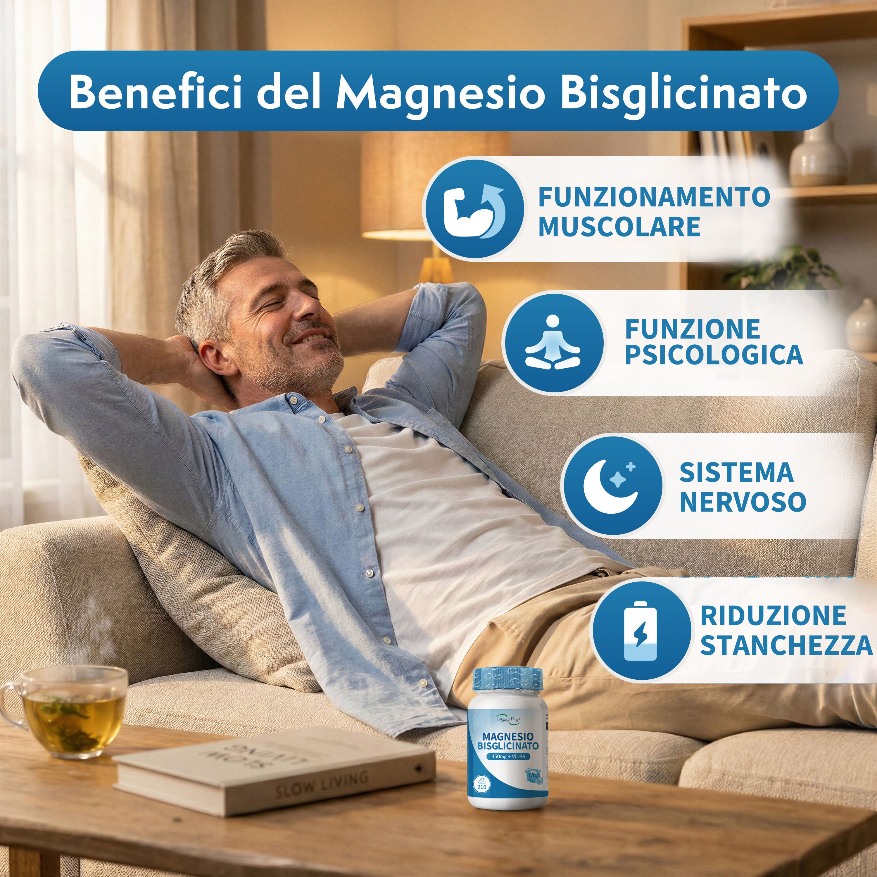 Uomo rilassato sul divano. Flacone Magnesio Bisglicinato. Grafici: funzione muscolare, funzione psicologica, sistema nervoso, riduzione stanchezza.