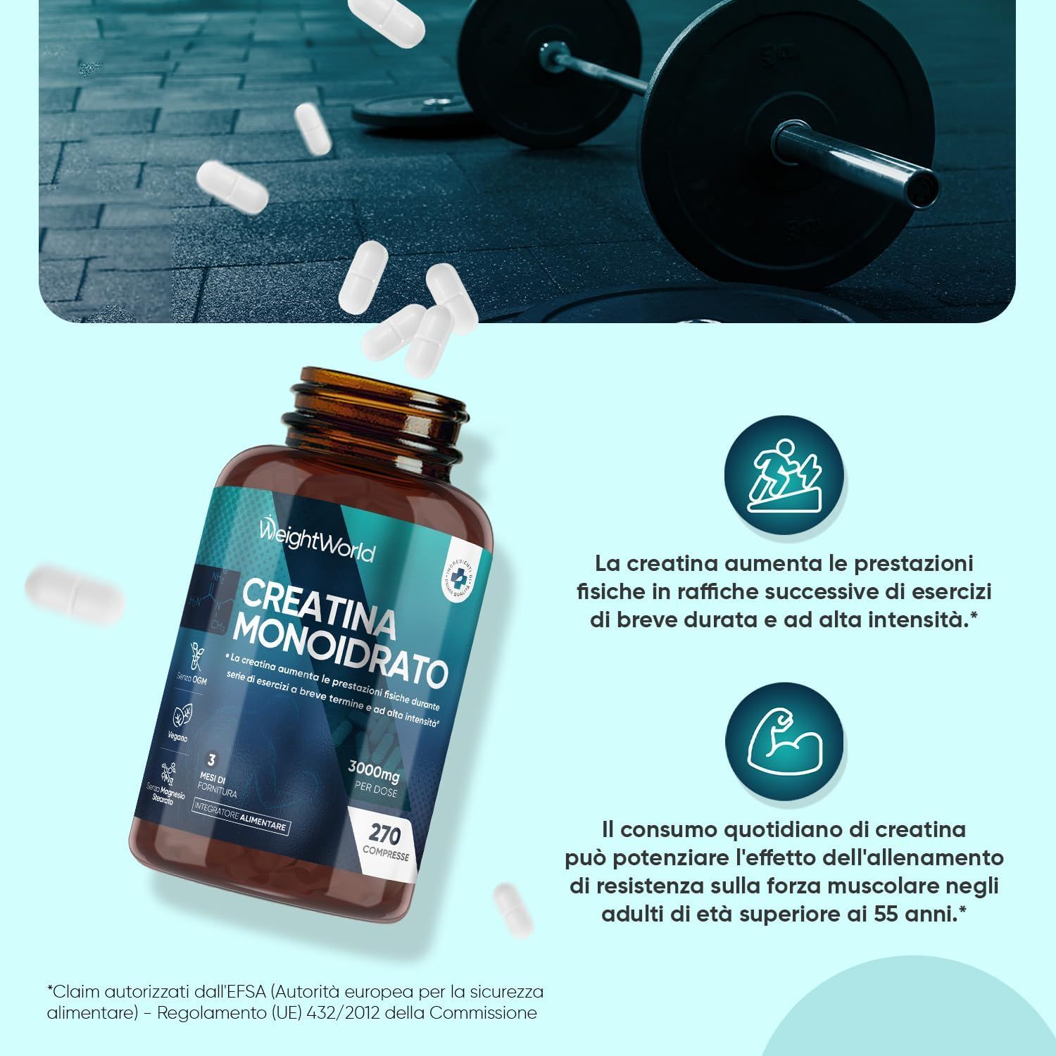 Flacone di compresse e compresse. Testo: CREATINA MONOIDRATO. 3000mg. 270 compresse. Testo sui benefici della creatina.