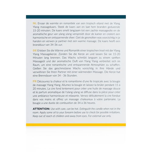 Testo su sfondo giallo. Contiene istruzioni e ingredienti. Scritta: ATTENTION: Use with care, can be hot. For external use only.