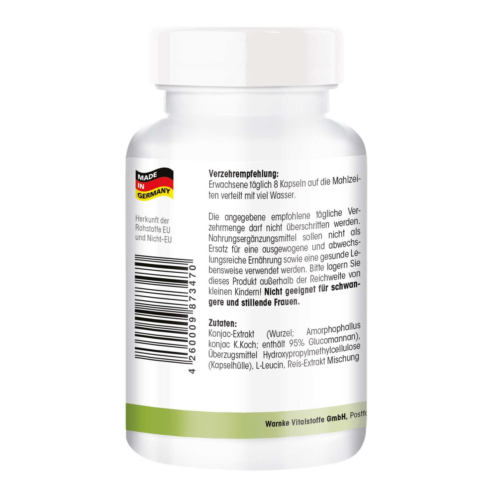 Retro del flacone. Testo: ingredienti, raccomandazioni, avvertenze. Prodotto in Germania. Con codice a barre e logo.