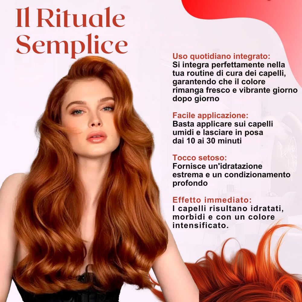 Donna con lunghi capelli rossi e ondulati, che suggeriscono una cura dei capelli.
