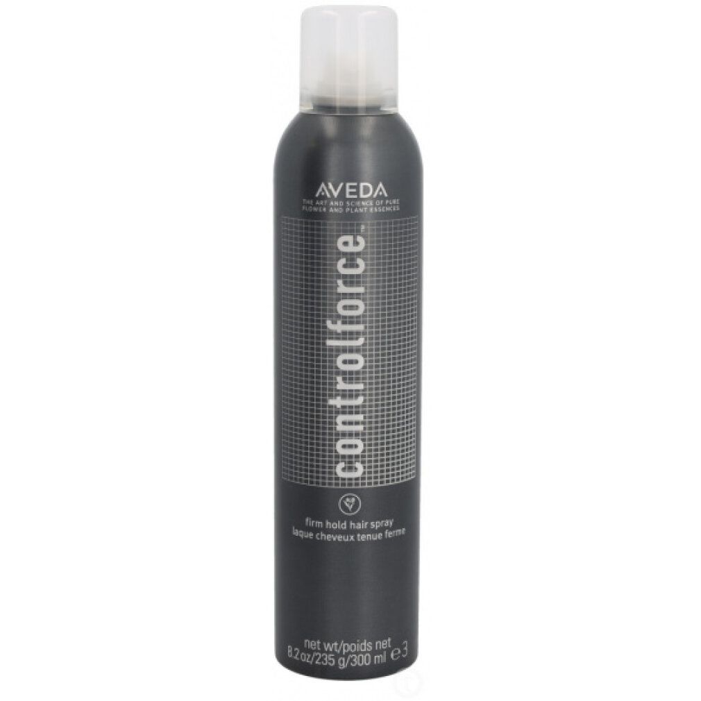 Aveda Control Force Spray. Bomboletta grigia, tappo bianco. Testo: "controlforce", "firm hold hair spray".