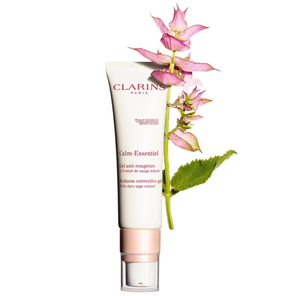 Tubo CLARINS Calm-Essentiel Gel anti-rougeurs. Con fiori rosa. Testo: Calm-Essentiel, Gel anti-rougeurs, Extrait de sauge sclarée.