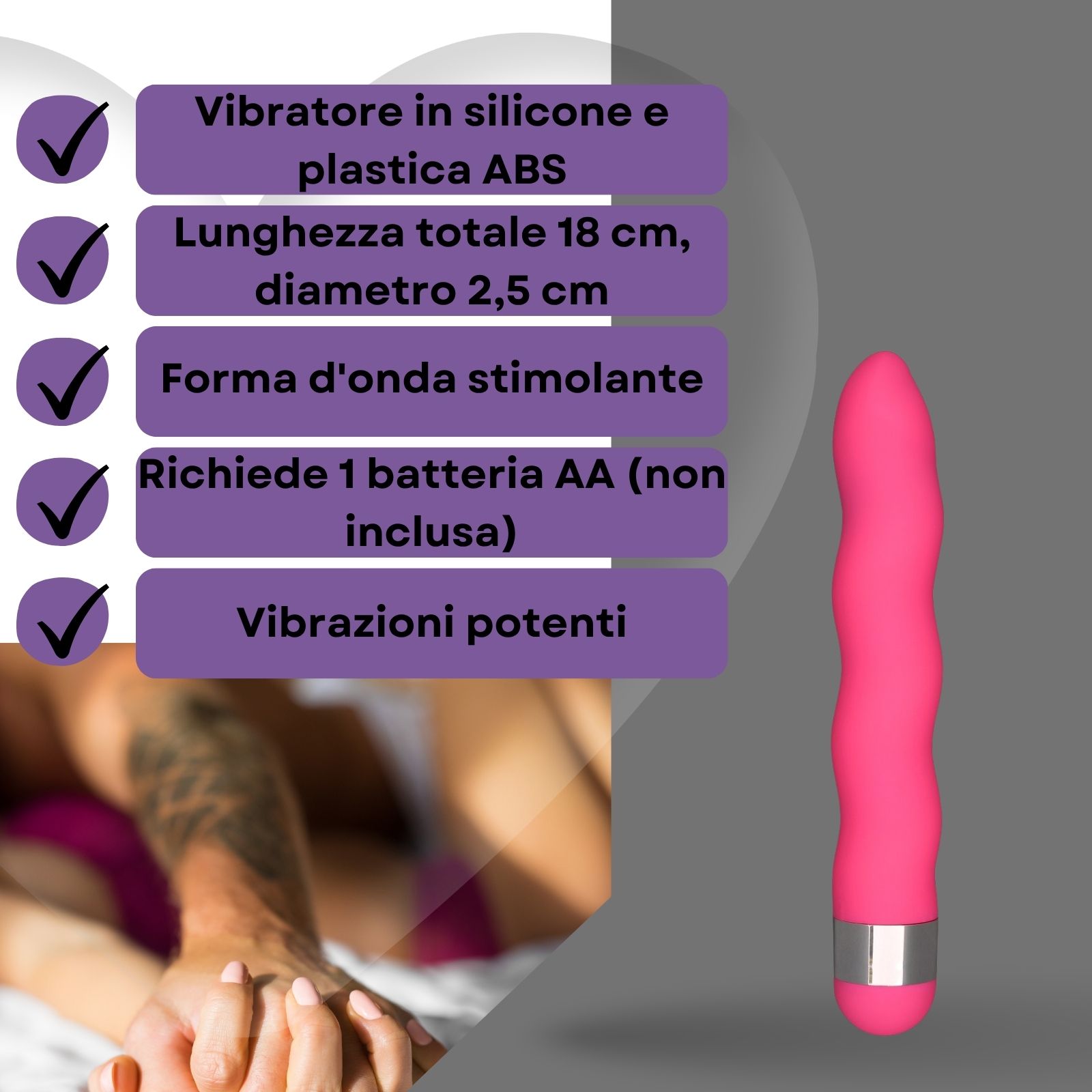 Vibratore rosa ondulato. Silicone. 18 cm, diametro 2,5 cm. Richiede batteria AA.