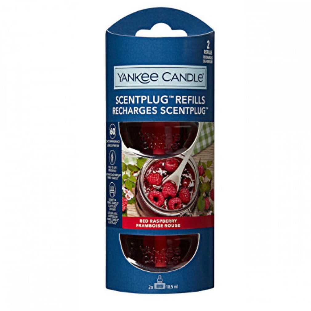 Ricariche Yankee Candle Scentplug, lampone rosso. Due ricariche in confezione blu. Immagine del prodotto con lamponi.