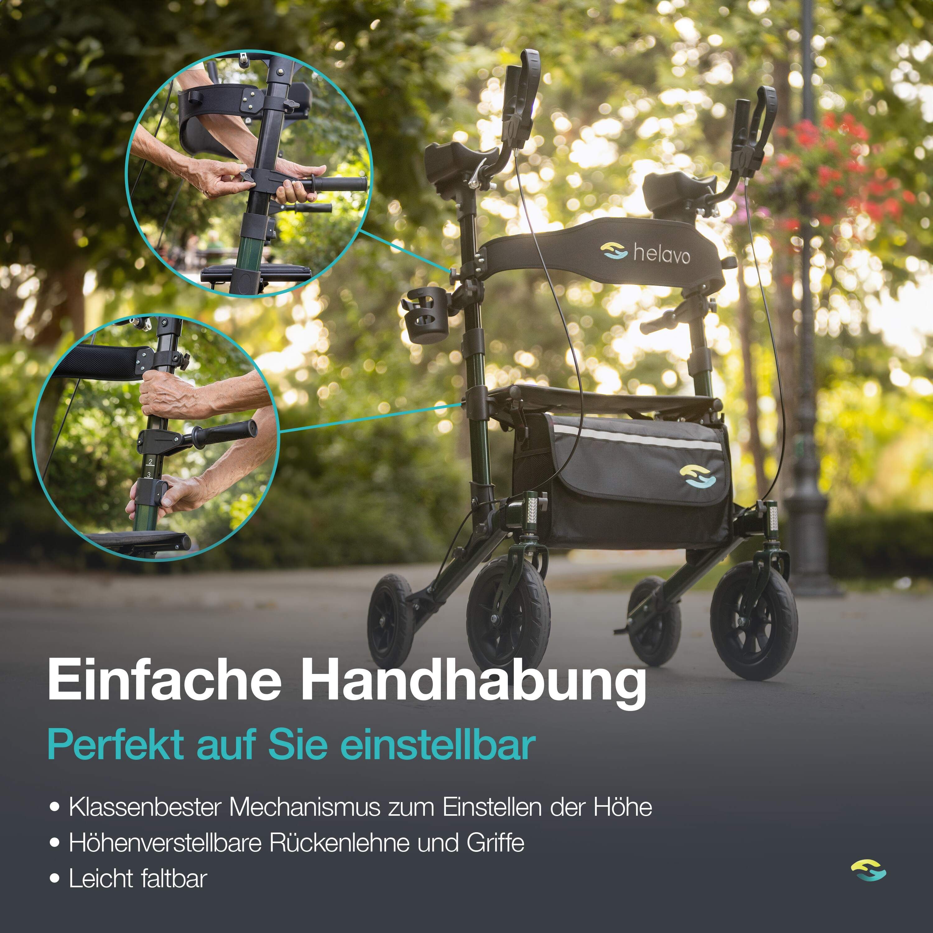 Vista dettagliata della regolazione dell'altezza e delle maniglie di un rollator verde. Facile da piegare.