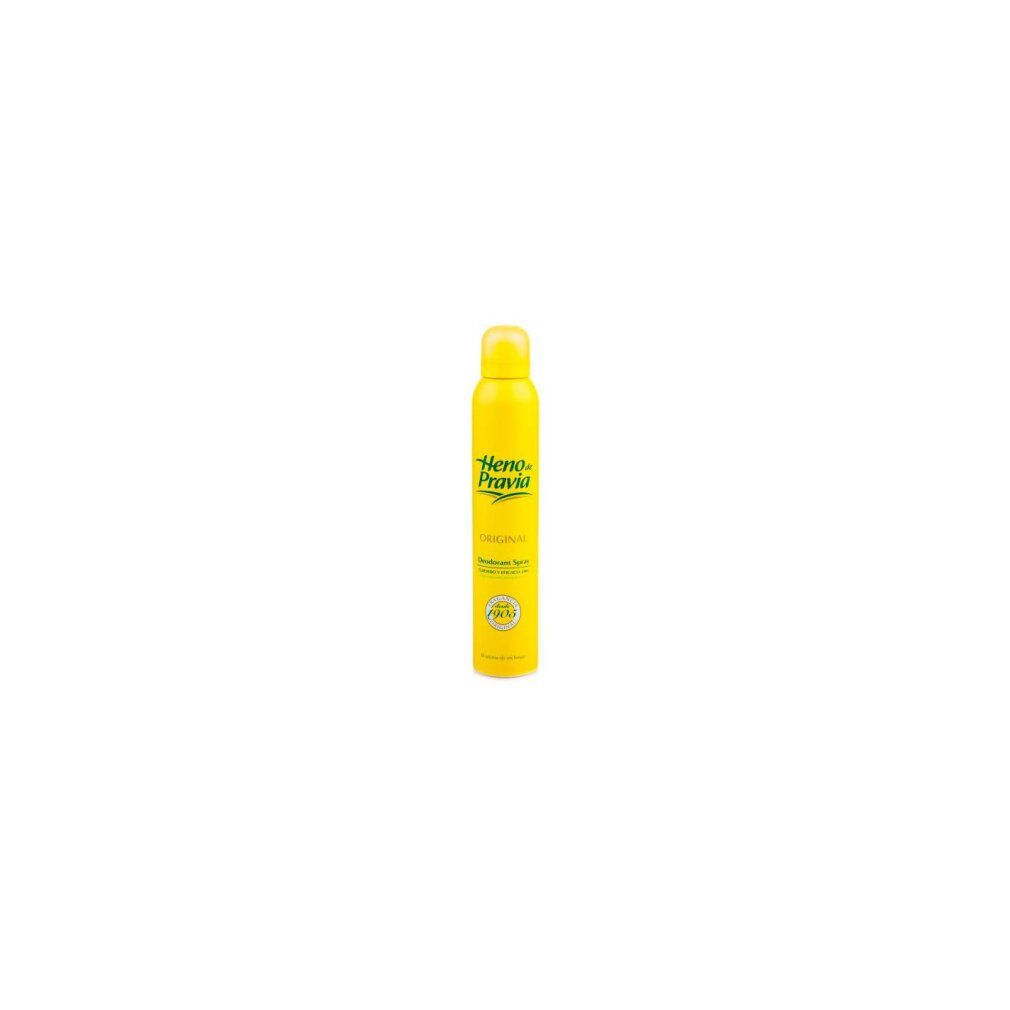 Spray deodorante giallo con etichetta verde. Testo: Heno de Pravia, Originale. Con erogatore giallo.