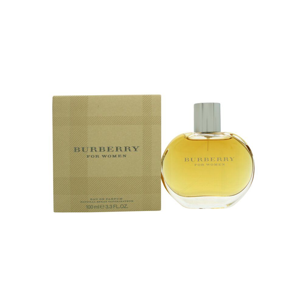Burberry Eau de Parfum da donna. Flacone rotondo, tappo argentato, scatola beige. Testo: Burberry For Women.