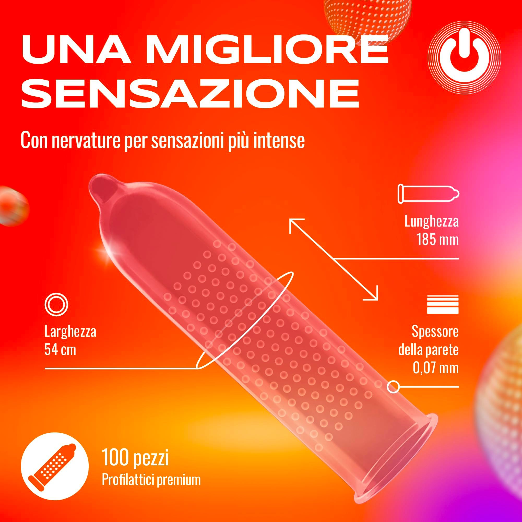Preservativo, lungo 185 mm, largo 54 mm, spesso 0,07 mm, con puntinatura.