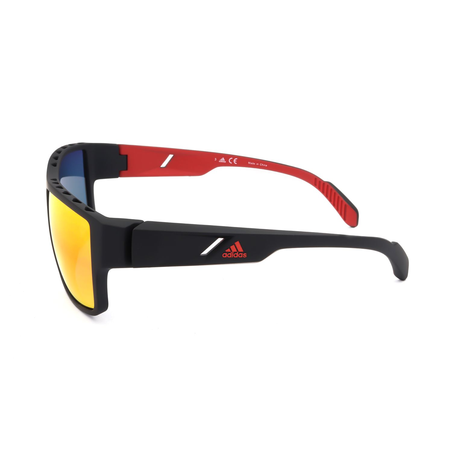 Occhiali da sole Adidas neri con aste rosse e lenti specchiate arancioni. Logo Adidas sull'asta.