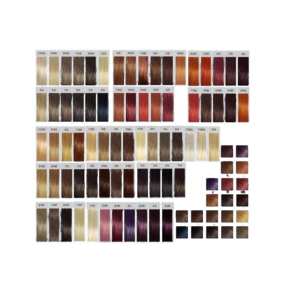 Tabella colori per capelli con numerose sfumature. Campioni di colore disposti in righe e colonne, con numeri.