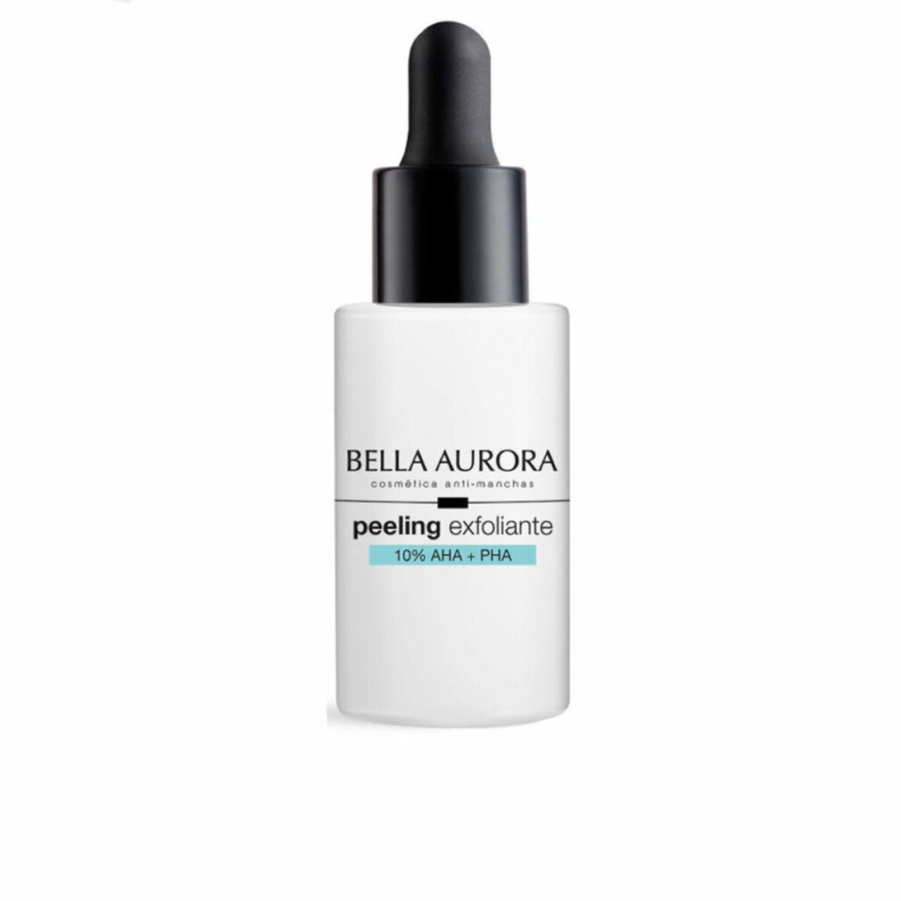 Flacone bianco con tappo nero e contagocce. Scritta: Bella Aurora, peeling exfoliante, 10% AHA + PHA.