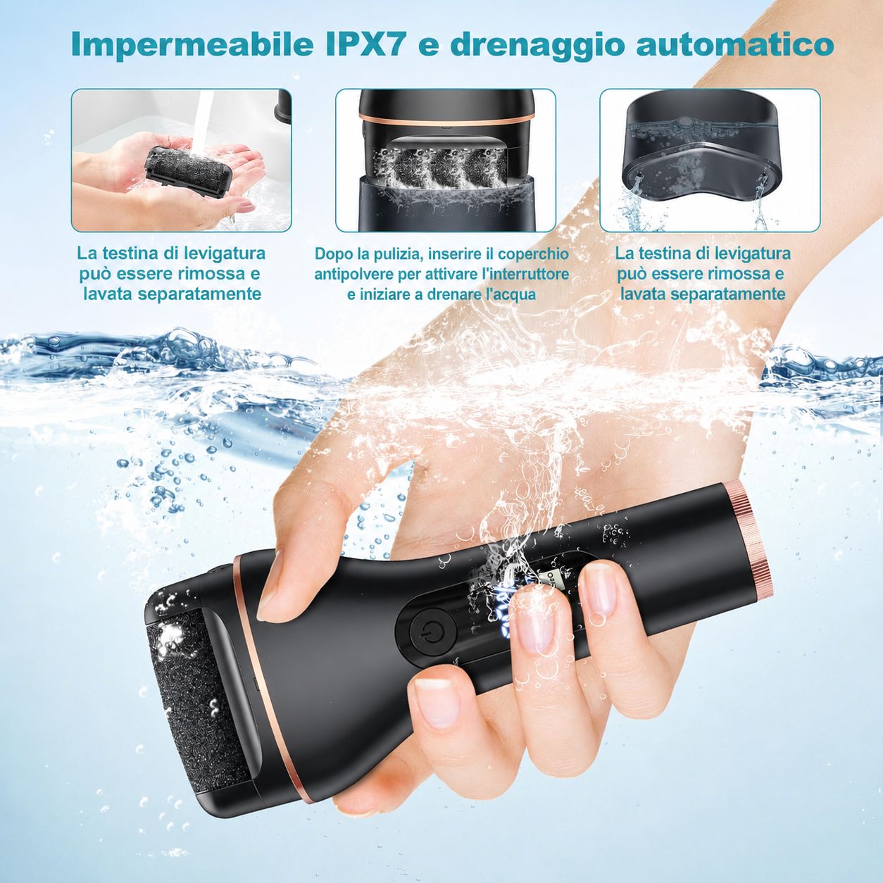 Levacalli elettrico sott'acqua. Scritta: « IPX7 Waterproof & Automatic Drainage ». Corpo nero con dettagli dorati. Impermeabile.