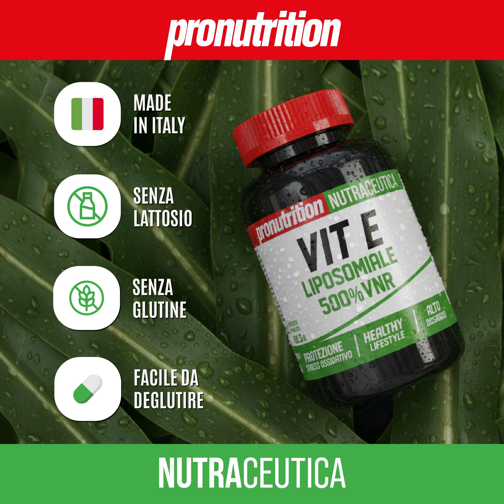 Flacone con tappo rosso. Scritta: Vit E Liposomiale 500%VNR. Bandiera italiana, senza lattosio, senza glutine, facile da deglutire.