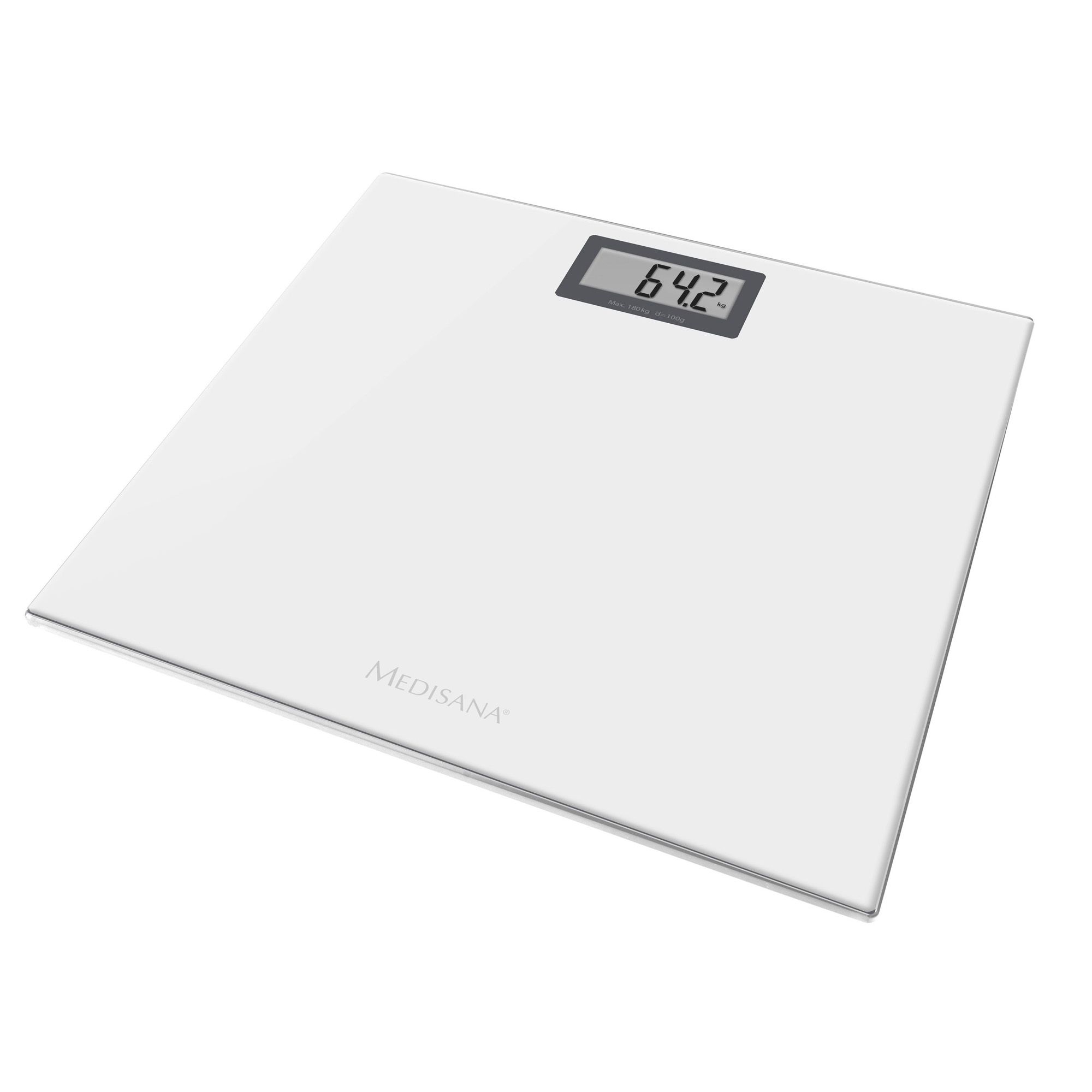 Bilancia digitale, superficie bianca. Visualizzazione: 64,2 kg. Marchio: Medisana.