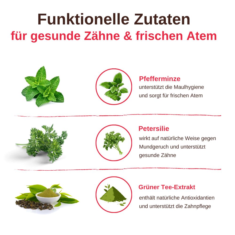 Ingredienti funzionali per la cura dentale: menta, prezzemolo ed estratto di tè verde.