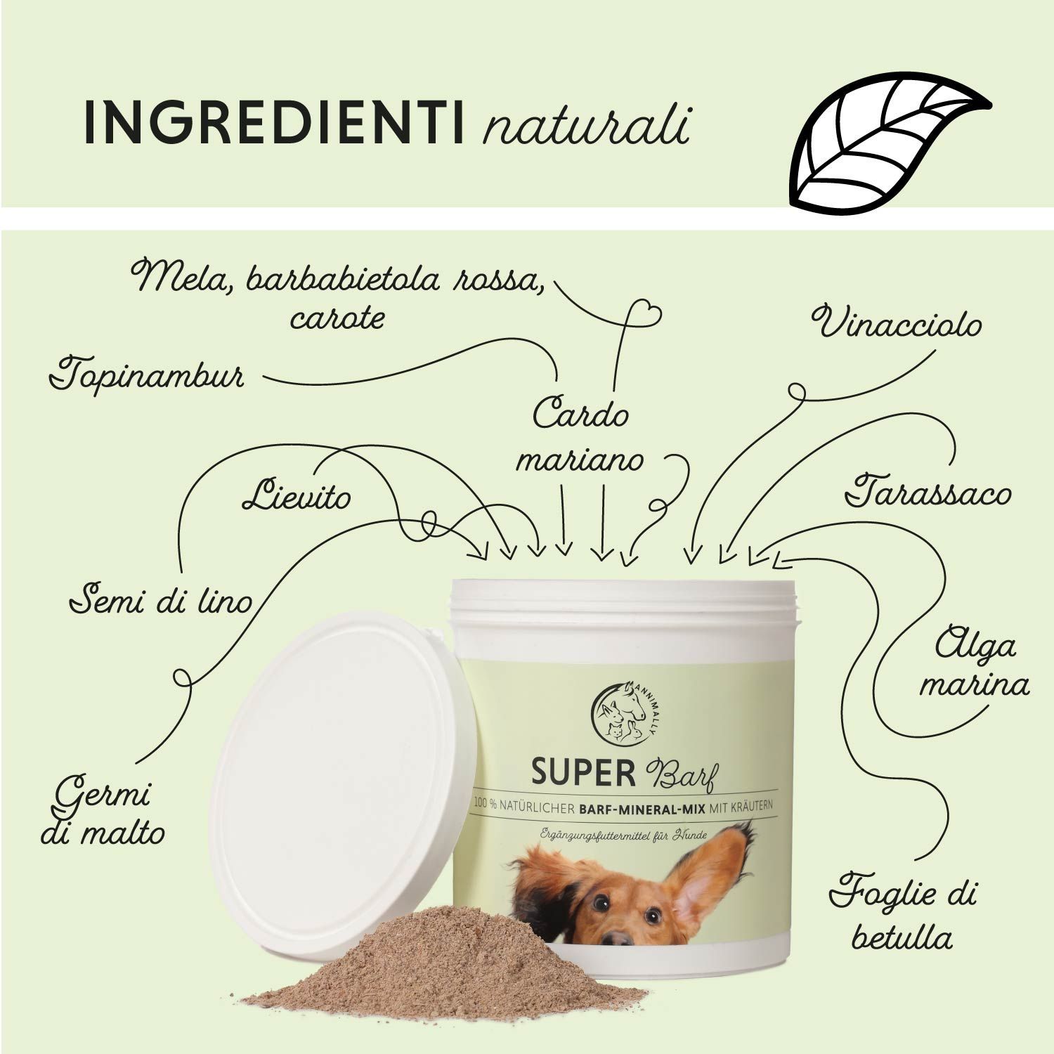 Contenitore di Super Barf. Ingredienti: Cardo mariano, Topinambur, Mela, Barbabietola rossa, Carote, Semi di lino, Germe di malto, Lievito, ecc.