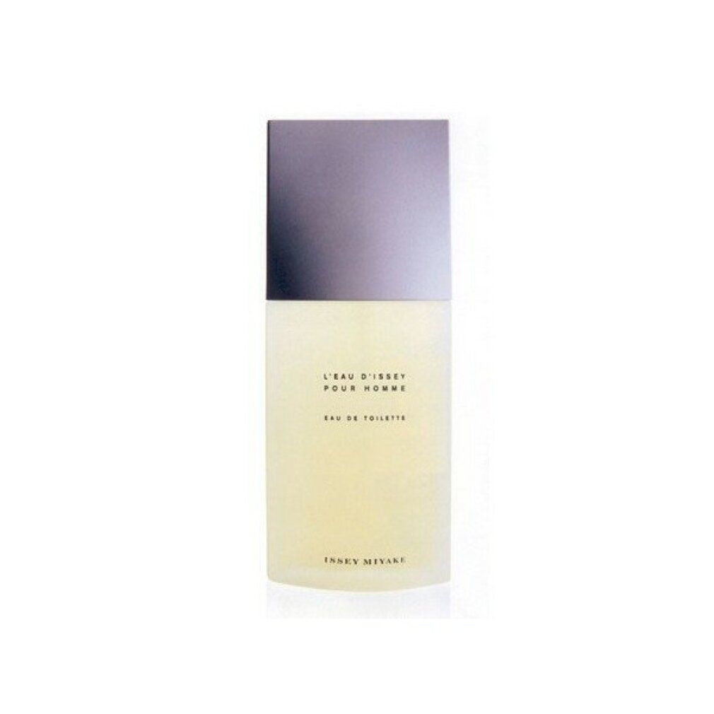 Flacone rettangolare con tappo argentato. Scritta: L'EAU D'ISSEY POUR HOMME, Eau de Toilette, ISSEY MIYAKE.