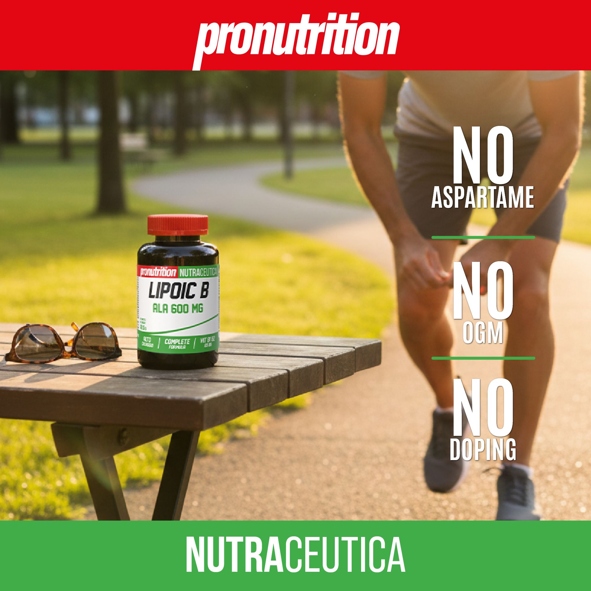 Flacone marrone con tappo rosso. Scritta: LIPOIC B ALA 600 MG. Testo: No aspartame, OGM, doping. Persona che fa jogging.