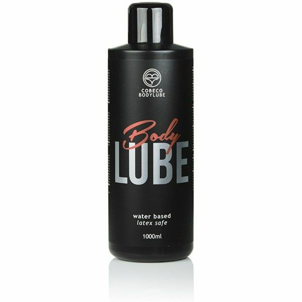 Flacone nero con tappo nero. Scritta: Body Lube, a base d'acqua, senza lattice, 1000 ml. Logo: Cobeco Bodylube.