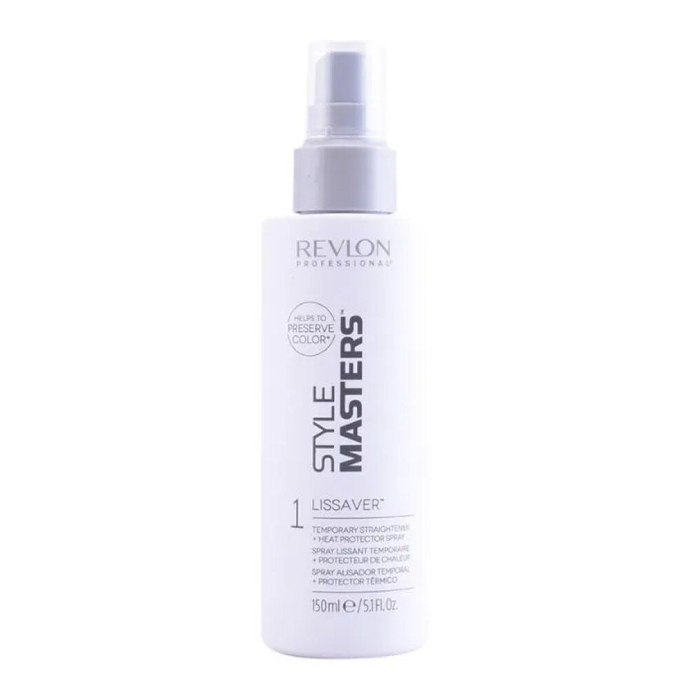 Flacone spray bianco con erogatore grigio. Scritte: Revlon Professional, Style Masters, Lissaver, 150ml.