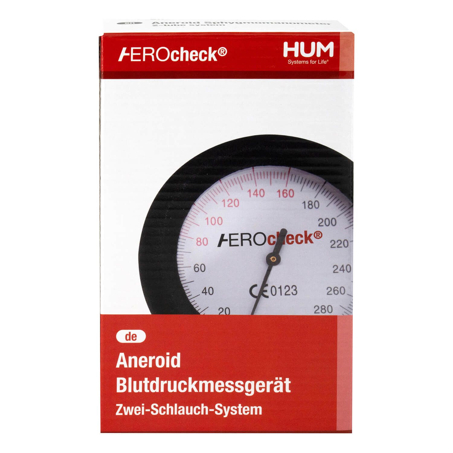Confezione di HUM AEROcheck® BDM1-S2. Scatola rossa con immagine del manometro e testo: "Aneroid Blutdruckmessgerät".