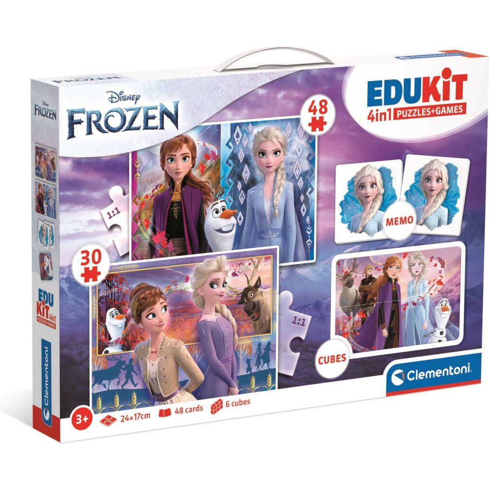 Clementoni Frozen Edukit. Confezione in cartone con manico. Puzzle e giochi a tema Frozen. Contiene 48 pezzi, 30 pezzi, 48 carte e 6 cubi.
