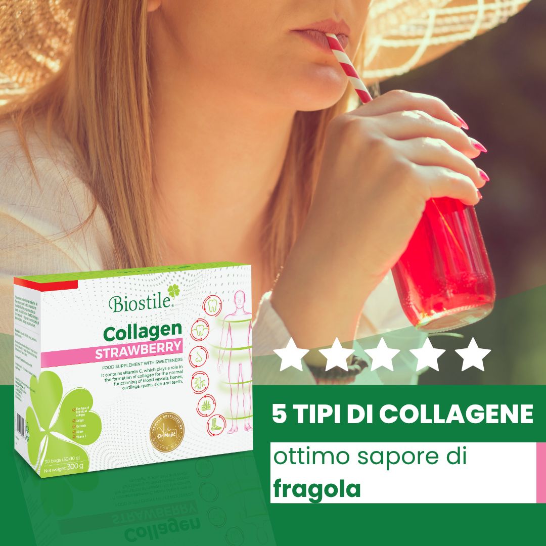 Donna beve bevanda alla fragola con cannuccia. Accanto confezione Biostile Collagen Strawberry e fragole.
