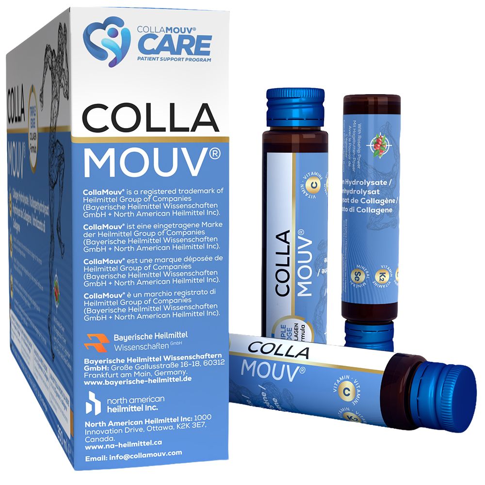 BHW Collamouv Original Kollagen: Scatola con informazioni sul prodotto e tre flaconi singoli.