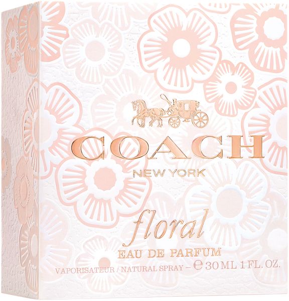 Coach Floral Eau de Parfum Spray. Confezione con motivo floreale e logo del marchio. Testo: Coach, New York, floral, Eau de Parfum.