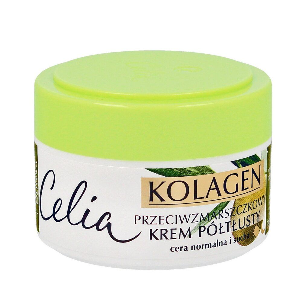 Barattolo di crema Celia con coperchio verde. Testo: Kolagen, crema antirughe, per pelli normali.
