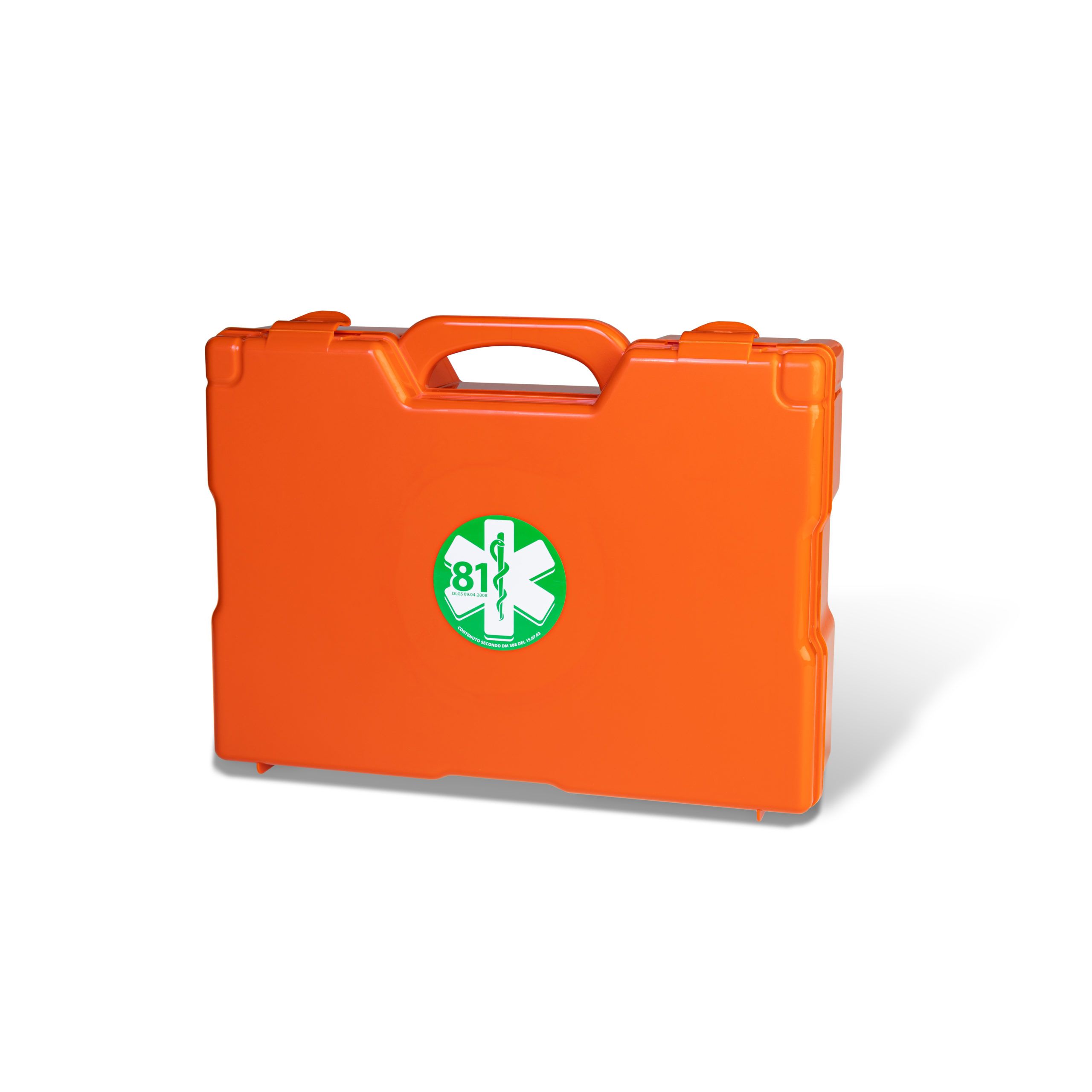 Valigetta di pronto soccorso arancione con maniglia ed emblema verde. Valigetta chiusa, su sfondo bianco.