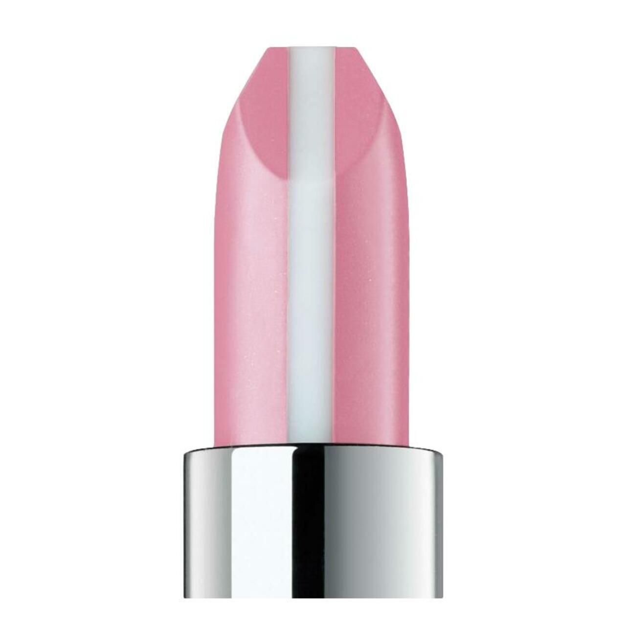 Primo piano di un rossetto rosa con una linea centrale bianca. Il rossetto ha un involucro argentato.